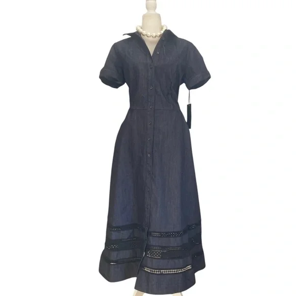 Carlisle Collection NWT Denim Blue Bell Dress Short Sleeve Fit Flare Dress - Picture 12 of 13